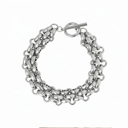 Silver 316L stainless steel chunky chain bracelet featuring a bar-and-ring OT clasp. Waterproof and tarnish-free jewelry.