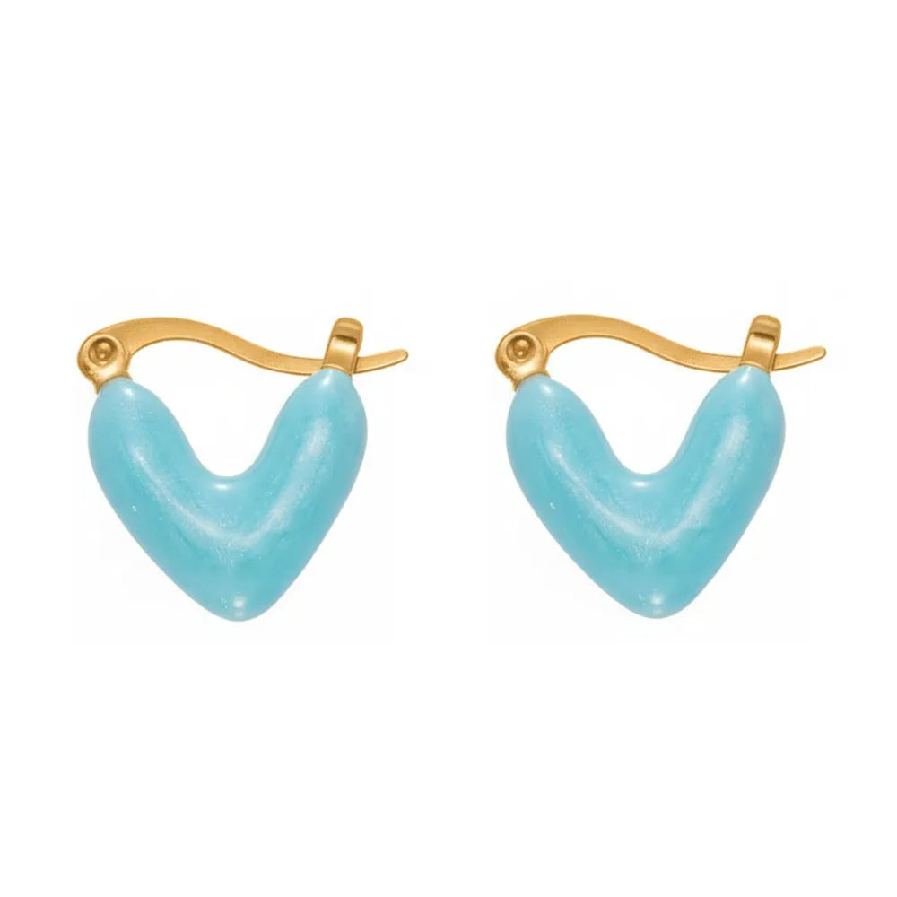 Sky blue enamel heart earrings with a glossy finish. Cute and trendy gold hoop earrings for daily wear.