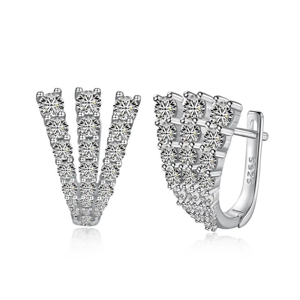 S925 sterling silver hoop earrings with three rows of pavé zirconia