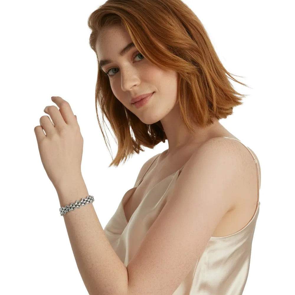 Woman wearing the waterproof stainless steel thick link bracelet in a casual setting, demonstrating its durability for everyday wear